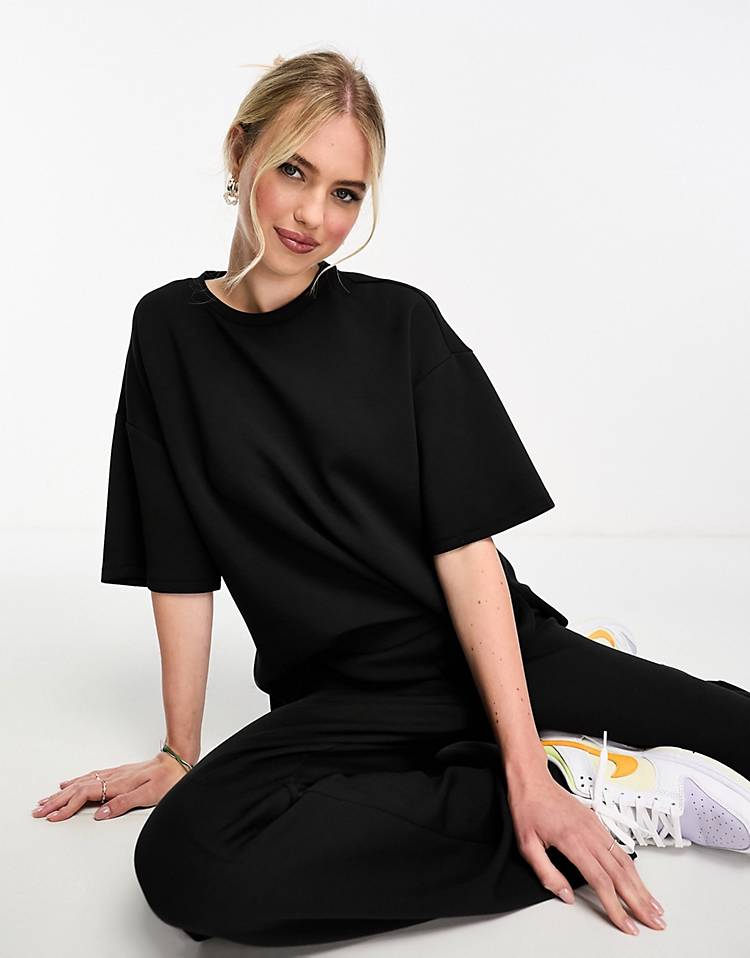 Vero Moda super-soft oversized T-shirt and wide leg pants set in black